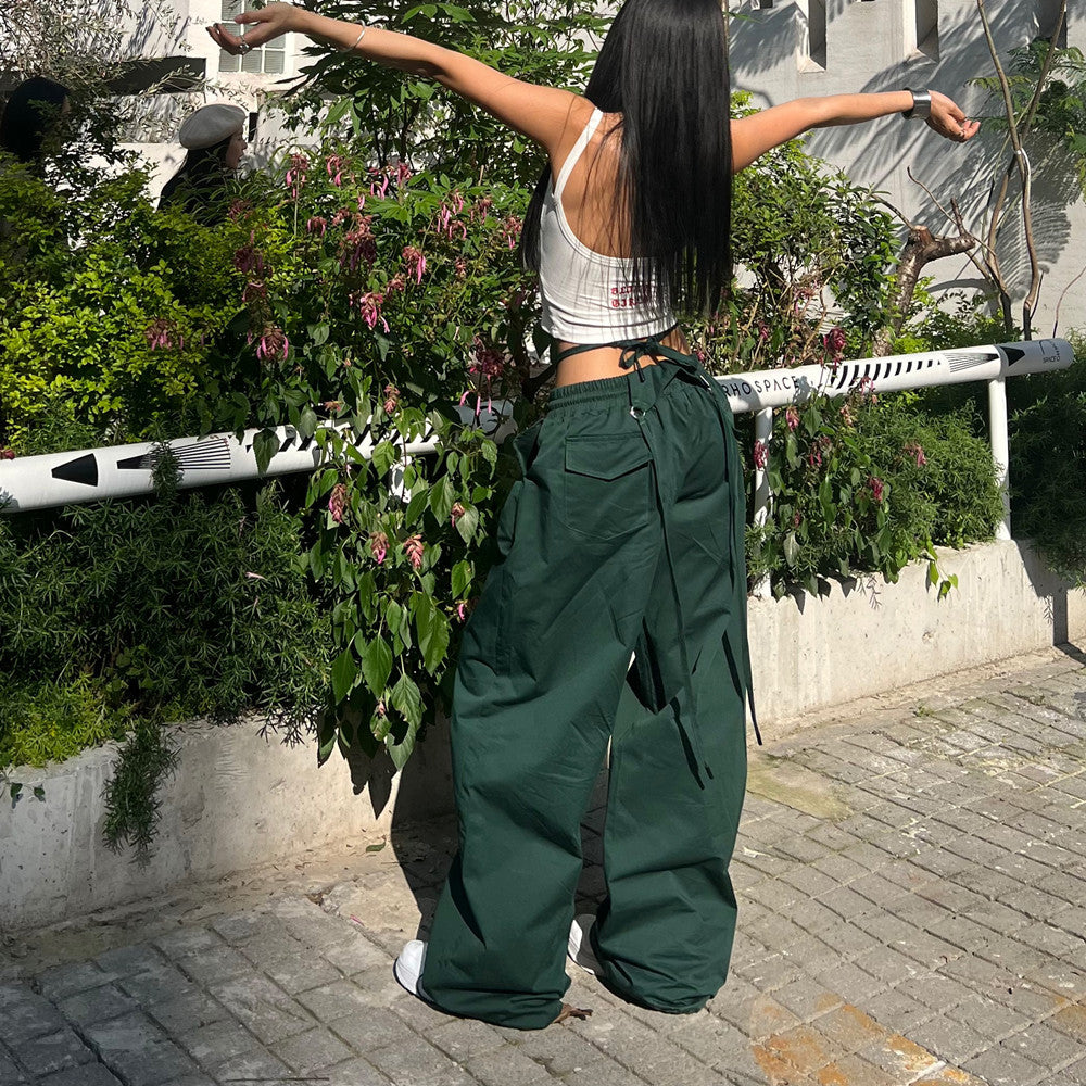 masc outfits American Retro Autumn New Women's Hot Girl Loose Street Pull Cool Multi-Wear Tied Waist Straight Jazz Casual Sports Pants