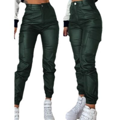 lookbook outfits Autumn and Summer Women's Motorcycle Zipper Pleated Pocket Fashion Pu Casual Patch Bag Tight Skinny Pants