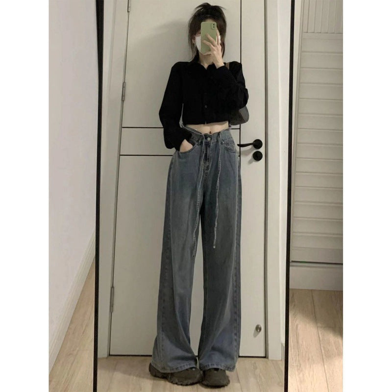 joker costume female outfit American Retro Straight Jeans Women's Spring High Waist Lace-up Wide Leg Draping Mop Pants