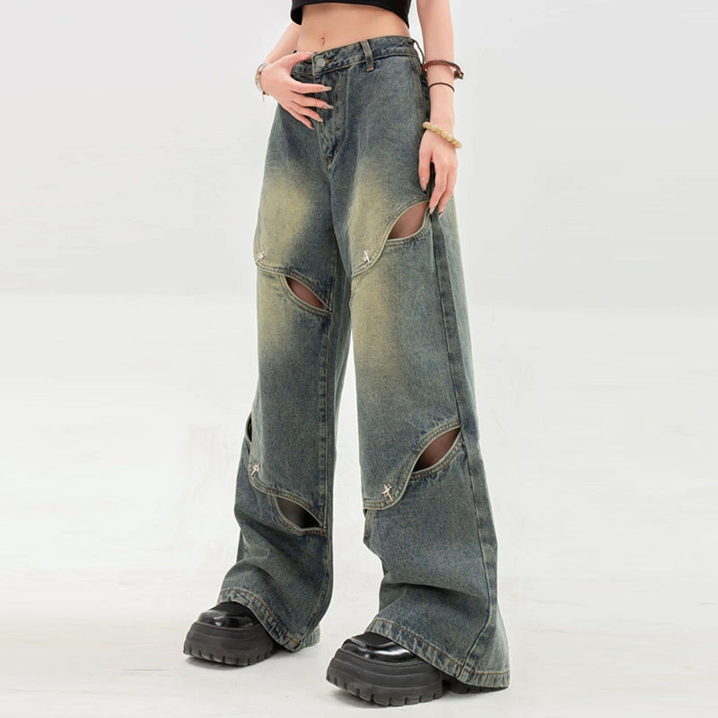 going out outfits Niche Deconstructing Wide-Leg Jeans Women's American High Street Hollow Mop Pants Retro Long Pants Fashion