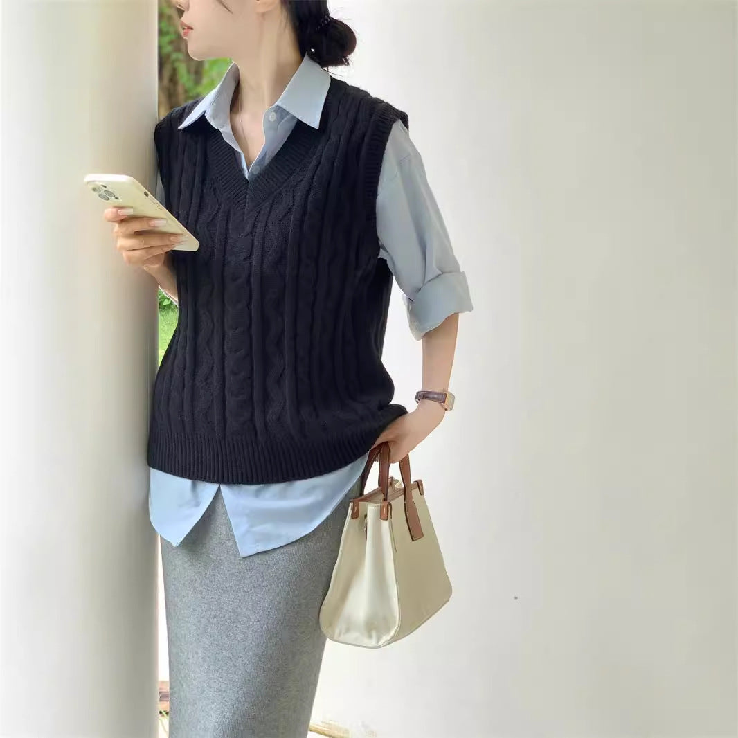 outfit inspo fall V-neck Twist Knitted Vest Overwear Outer Sweater Vest Sleeveless Women's Autumn and Winter High-Grade Temperament Top