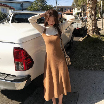 church outfit Autumn and Winter New Korean Gentle Style Fake Two-Piece Temperament Slimming Inner Base Strap Knitted Dress