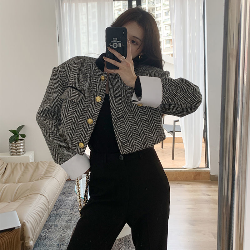 joker costume female outfit Black and White Contrast Color Stand Collar French Retro Equestrian Clothing Women's Clothing Spring and Autumn Short Suit Jacket