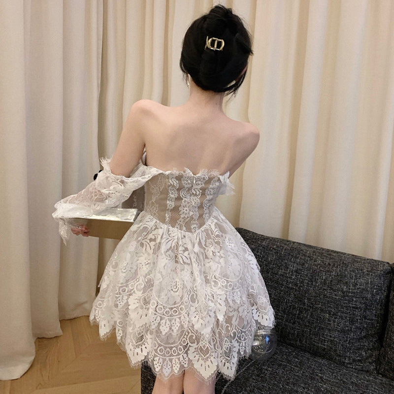 dress to impress Autumn Sexy Halter Long Sleeve Waist Lace Cake Dress