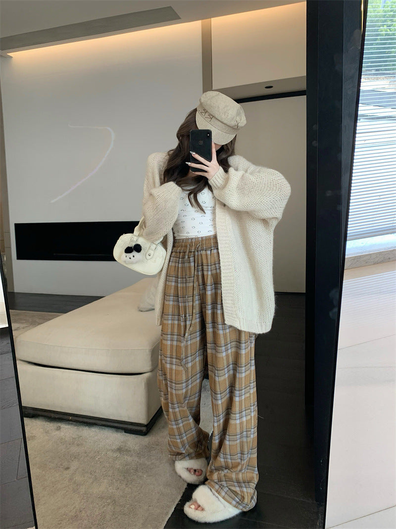 dream clothes Retro Red Plaid Casual Pants Women's High Waist Drawstring Straight Pants Autumn Loose Wide Leg Pants Mopping Pants