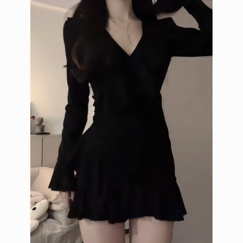 supernatural dress to impress Hepburn Style Black Collar Dress Tight Waist Long Sleeve Royal Sister Temperament Sheath Skirt