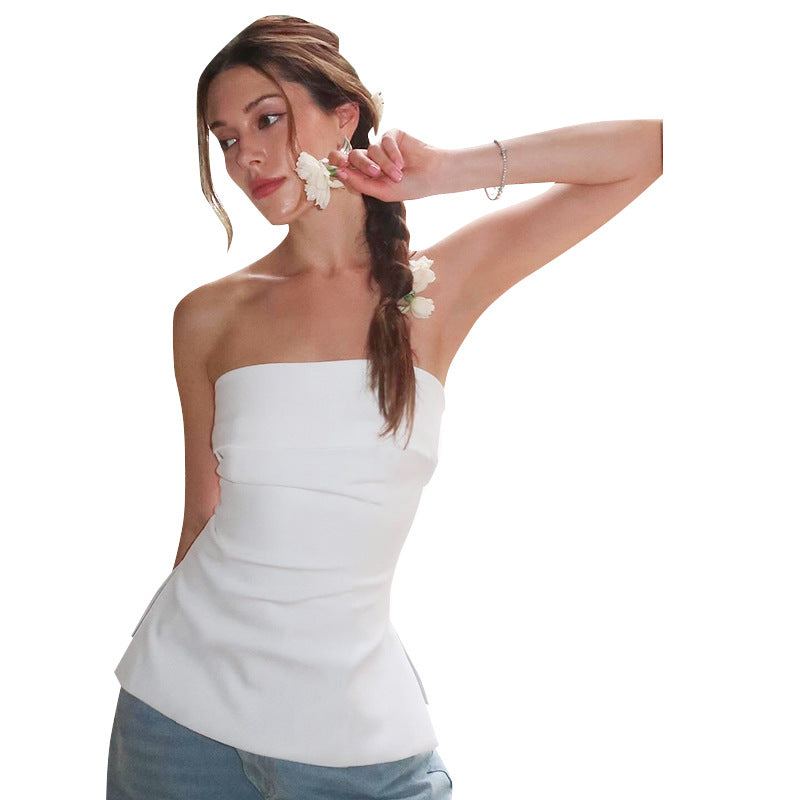 going out outfits Women's Summer New Solid Color Sleeveless Backless Wide Lapel Slit Tube Top Sexy Top for Women