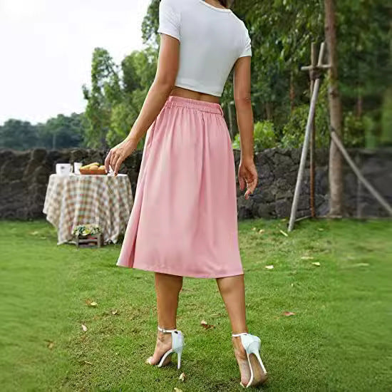 skirt outfits Spring and Summer New Women's Button Skirt Casual Skirt Plastic Waist Princess Dress