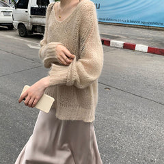 fall outfits aesthetic Hollow-out Knitted Blouse Early Autumn New Loose Outer Wear Lazy Pullover Mohair Thin Sweater