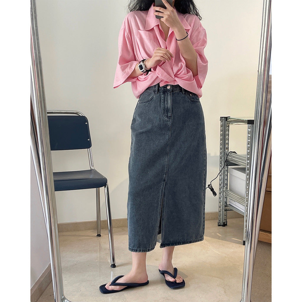 women’s fashion Spring and Summer Korean Style Retro Fashionable High Waist Denim Skirt Front Slit Straight Slimming Casual over-the-Knee Dress for Women