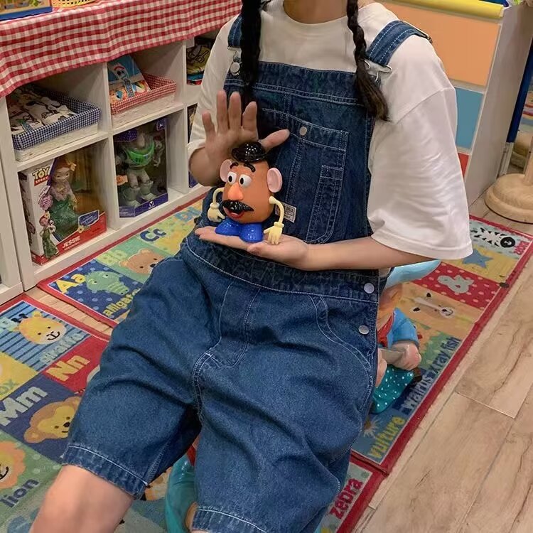 Loose Blue Denim Suspender Pants Women's Spring Girlfriends Wear Wide Leg Shorts Slimming Age-Reducing One-Piece Pants