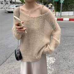fall outfits aesthetic Hollow-out Knitted Blouse Early Autumn New Loose Outer Wear Lazy Pullover Mohair Thin Sweater