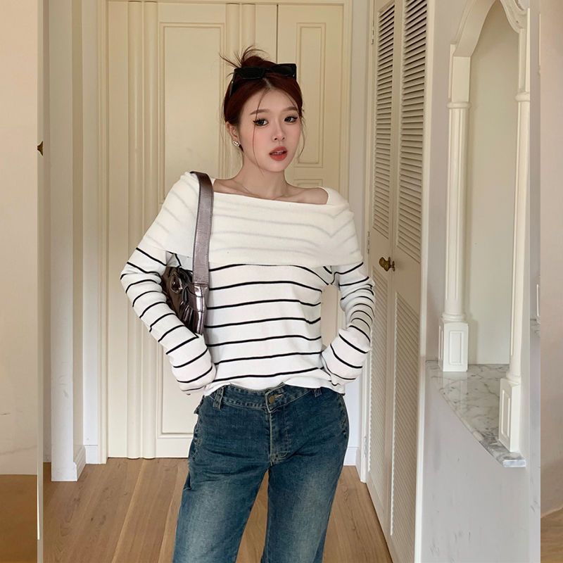 long sweater dress outfit Gentle Style off-Shoulder Long Sleeve Sweater Women's Autumn and Winter High Waist Slim Top Fashion