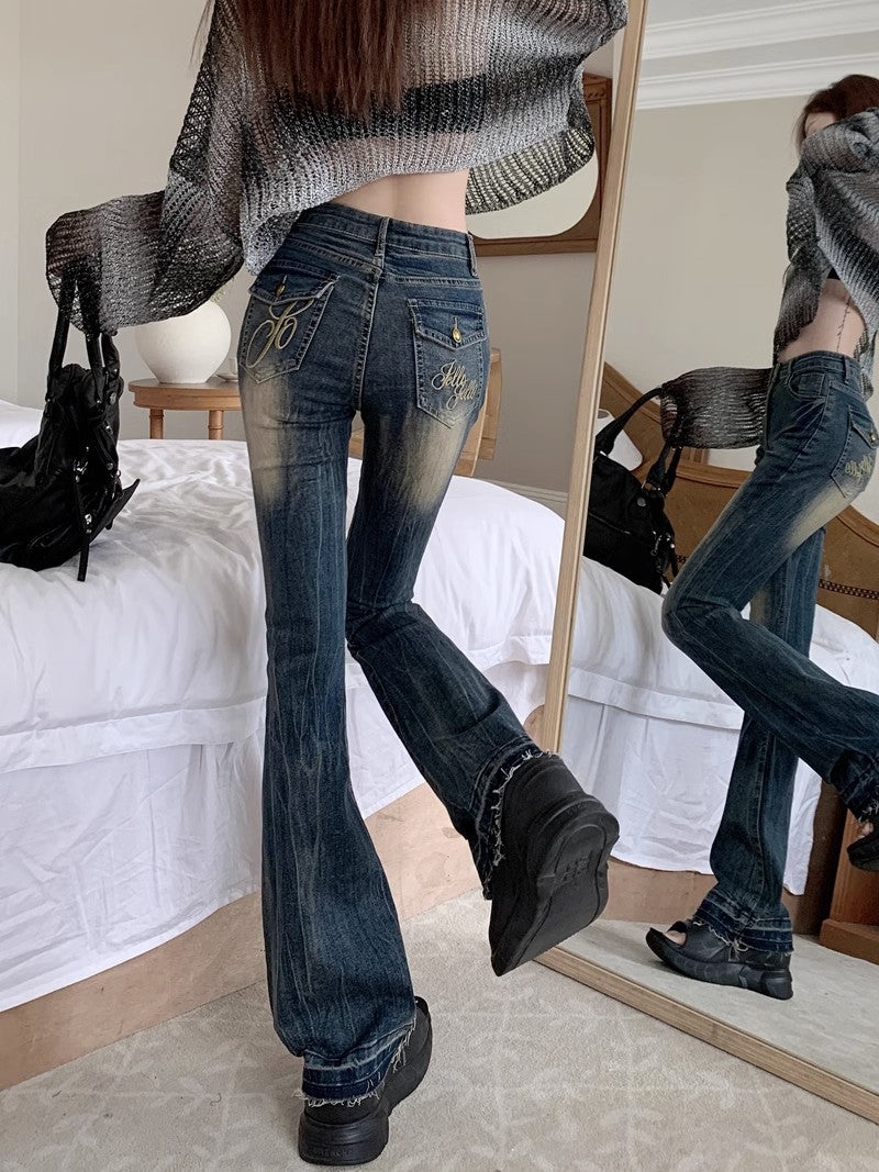 y2k outfits American Hot Girl Low Waist Skinny Jeans Women's Spring and Autumn New Retro Distressed Slim Fit All-Match Mop Pants