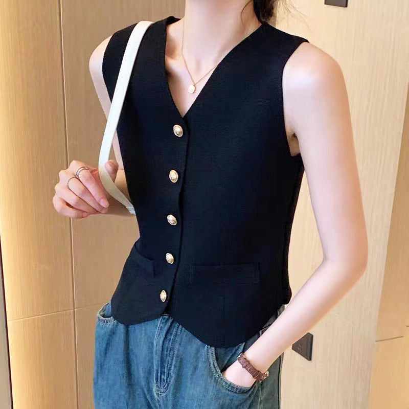 dress to impress outfits Retro V-neck Vest Commuter Summer New Cardigan Fashion Women's French Sleeveless Knitted Bottoming Shirt Top