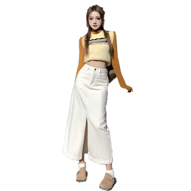 outfit Creamy-white Front Slit Denim Skirt Women's Early Spring High Waist Loose A- line Mid-Length Hip Skirt