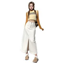 outfit Creamy-white Front Slit Denim Skirt Women's Early Spring High Waist Loose A- line Mid-Length Hip Skirt