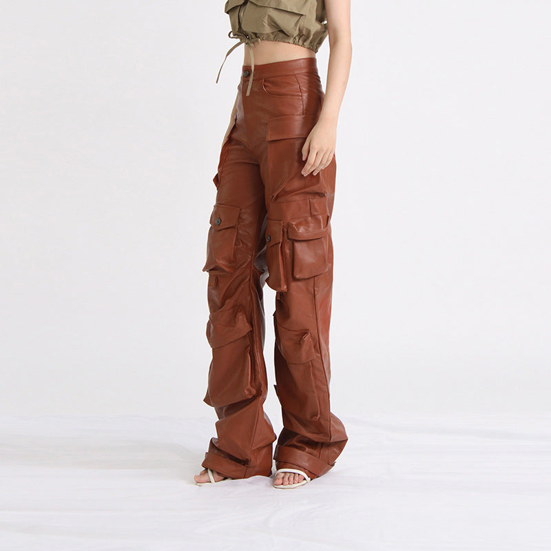 lookbook outfits Elegant High Waist Casual Leather Pants Spring New Fashion Design Stitching Pocket Loose Overalls for Women