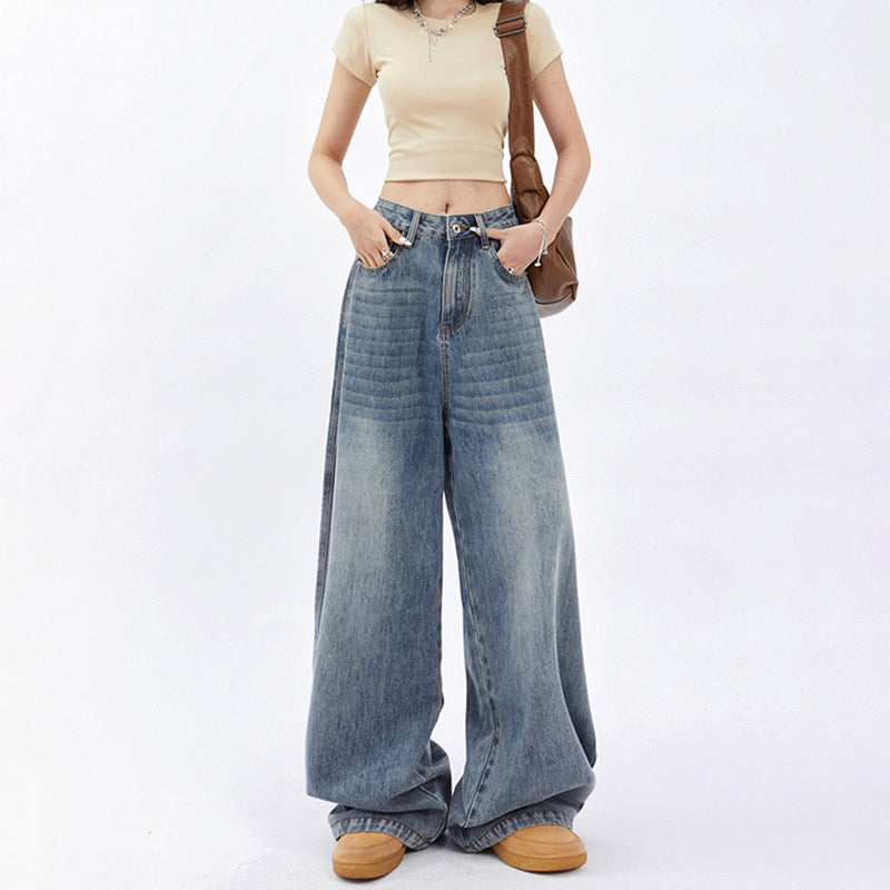 going out outfits 2391 Retro Loose Wide-Leg Jeans New Summer High Waist American Draping Straight Slimming Mop Pants Fashion