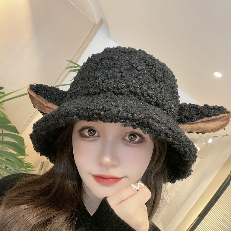 lolíta fashion dress to impress Hat Female Winter Cute Cartoon Lamb Ears Fisherman Hat All-Match Warm Lamb Plush Ear Protection Basin Hat