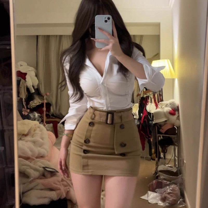 birthday outfit Plus Size Chubby Girl Hot Girl Style Slimming Wear Suit Early Spring Tight Waist Long Sleeve Shirt + Belt Skirt Two-Piece Suit