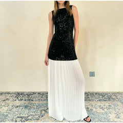 frat outfits Sleeveless Backless Sequined Stitching Color Block Maxi Dress Fashion Women Party Elegant Maxi Dress