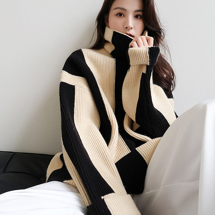 2000s fashion Women's Turtleneck Sweater Spring and Autumn 2024 New Lazy Style Loose Color Matching Striped Mid-Length Warm Knitted Top