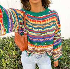 birkenstock clogs outfit fall Autumn and Winter New Striped Sweater Women's round Neck Long Sleeve Stitching Loose Pullover Sweater