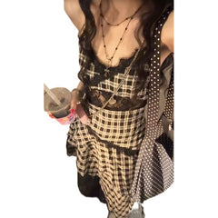 harajuku fashion dress to impress Black and White Plaid Lace Stitching Dress Irregular Strap Dress Women's Summer Jeans Stacked Hot Girl Skirt