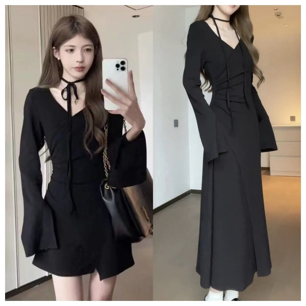 supernatural dress to impress Girl Style V-neck Irregular Waist Pleated Long Sleeve Lace-up Dress Slimming Autumn New Dress