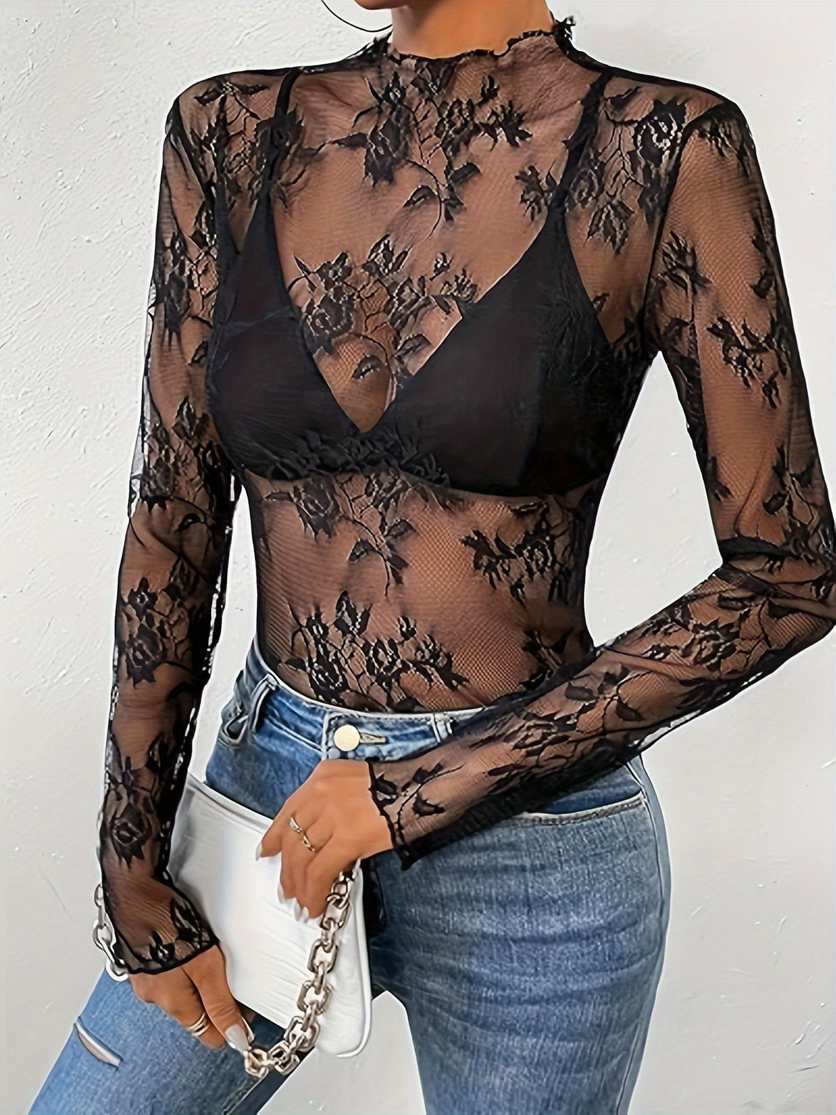 2000s fashion Women's Printed Tulle Mesh Mock Collar Lettuce Trim Long Sleeve Blouse Sexy Top