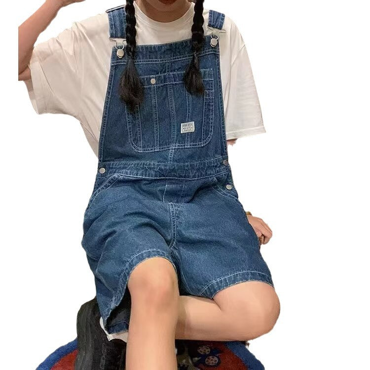 Loose Blue Denim Suspender Pants Women's Spring Girlfriends Wear Wide Leg Shorts Slimming Age-Reducing One-Piece Pants