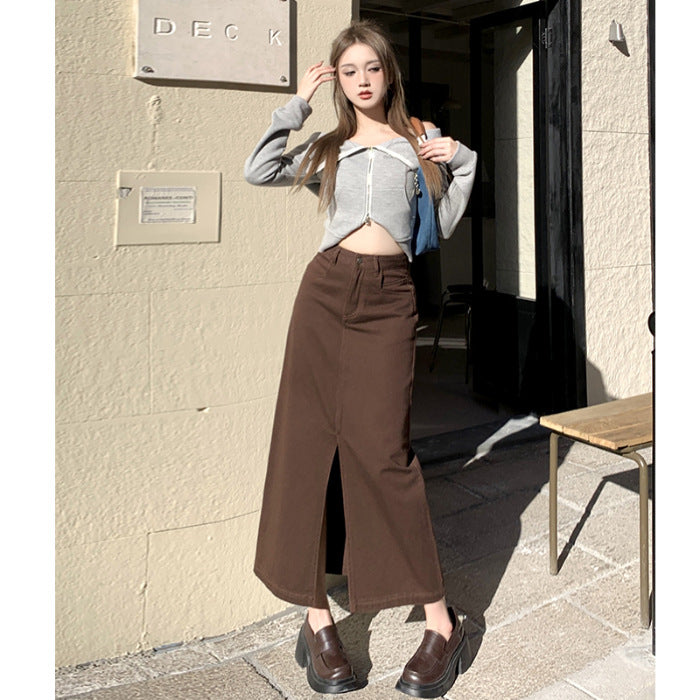 outfit Creamy-white Front Slit Denim Skirt Women's Early Spring High Waist Loose A- line Mid-Length Hip Skirt