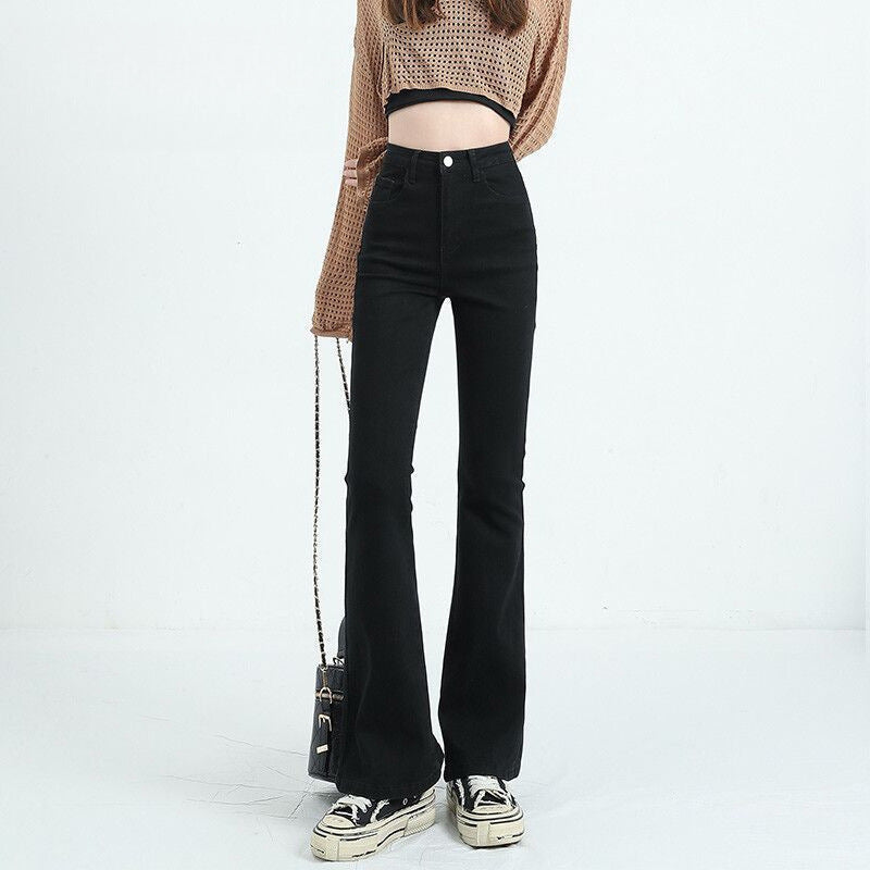 outfit inspo Gray Micro Flared Jeans Women's Fashion All-Match Thin New High Waist Stretch Slim Slimming Horseshoe Long Pants