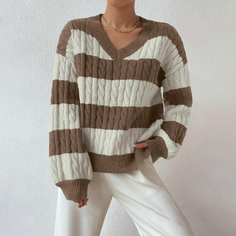 sambas outfits Autumn and Winter Lazy Style New Knitwear Loose Fashion Women's V-neck Retro Contrast Color Striped Sweater