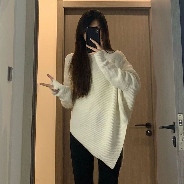 outfit inspo fall Women's Turtleneck Irregular Niche Sweater Autumn and Winter Korean Style Loose Lazy Style Soft Glutinous Knitted Top Thickened