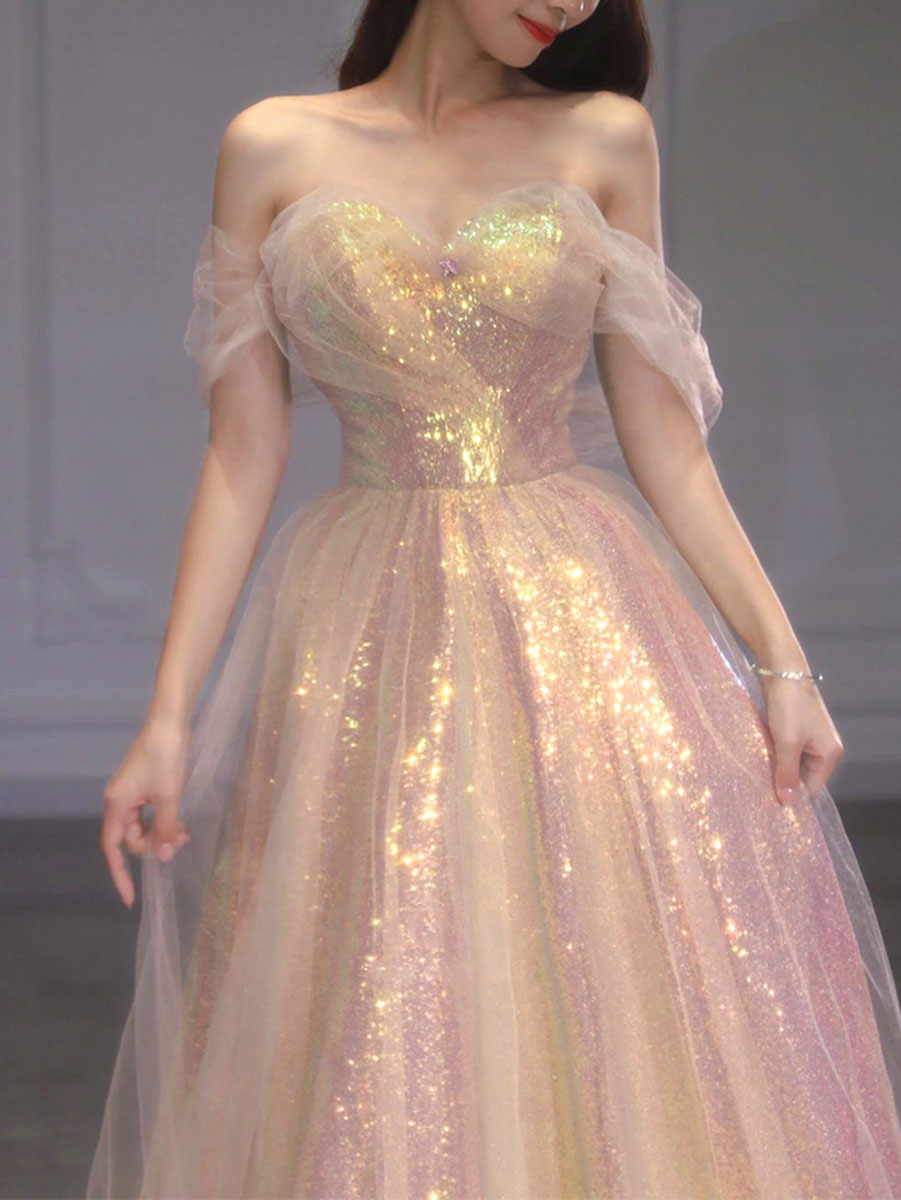BXOXO A Line Tulle Sequin Long Prom Dress, Off Shoulder Formal Graduation Dress