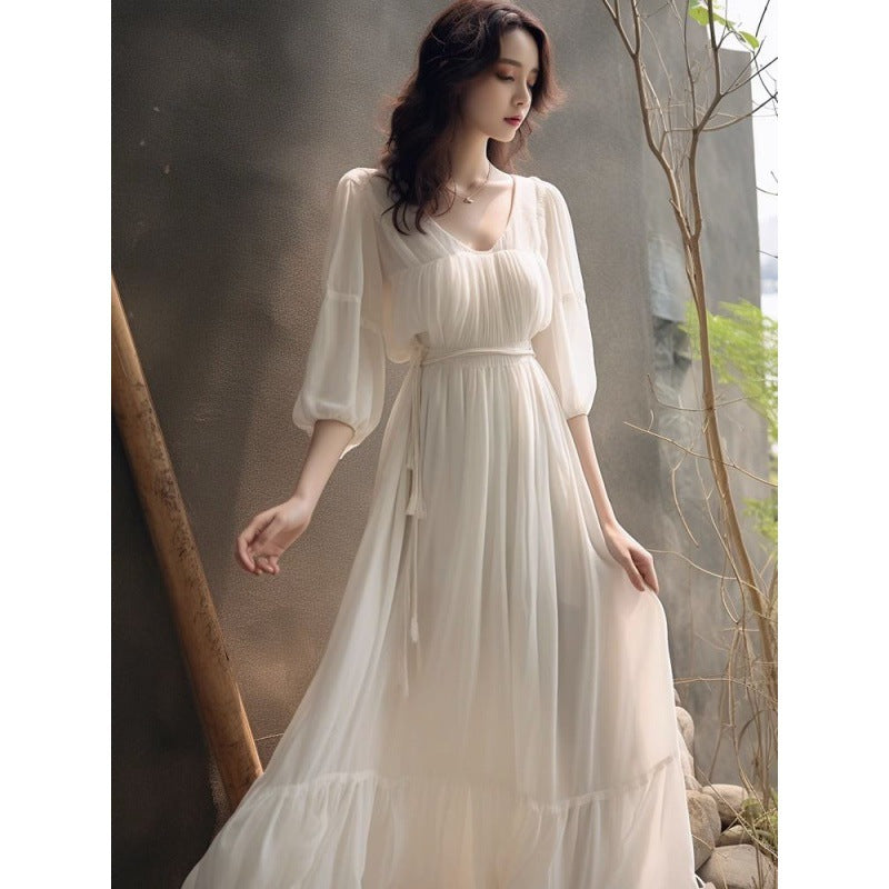 combo dress White Chiffon Long Sleeve Dress Spring Unique Super Nice Waist French Princess Dress Long Dress