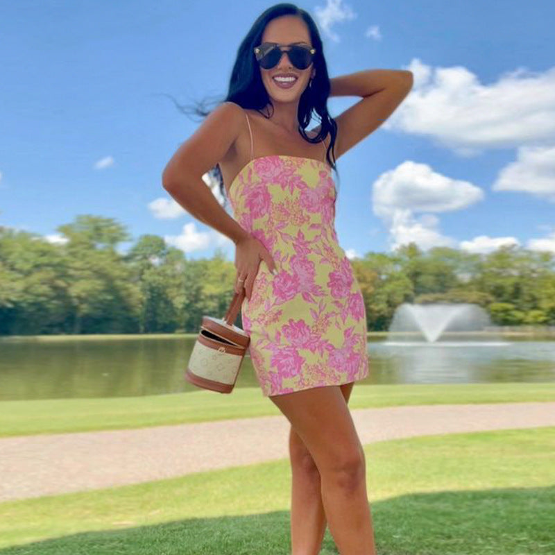 hoco dresses Women's Bright Printed Sling off-Neck Low-Cut Waist Tight Hip Sexy Hot Girl Short Dress