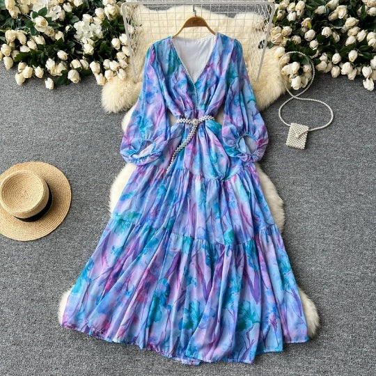 android vs cyberborg dress to impress French Elegant Elegant Dress Women's High-Grade Lantern Sleeve Waist Slimming V-neck Printed Ruffled Dress