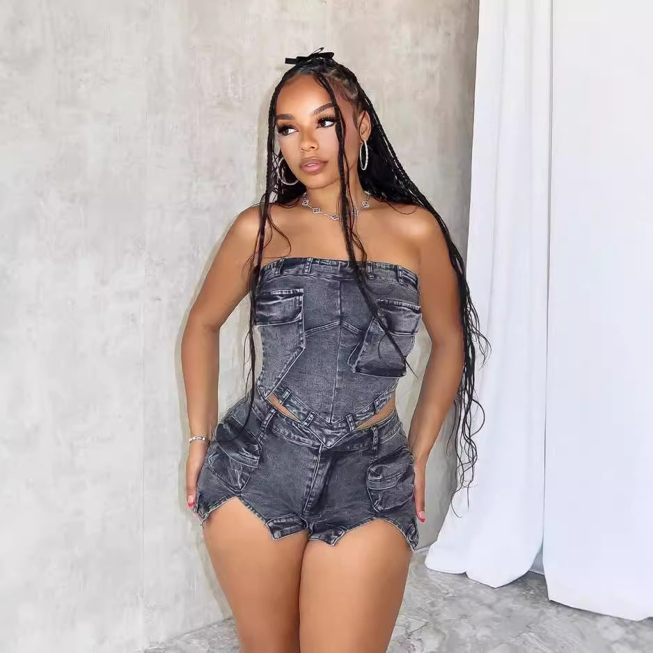 outfit Casual Fashion Sexy Solid Color Sleeveless Tube Top High Waist Denim Shorts Suit