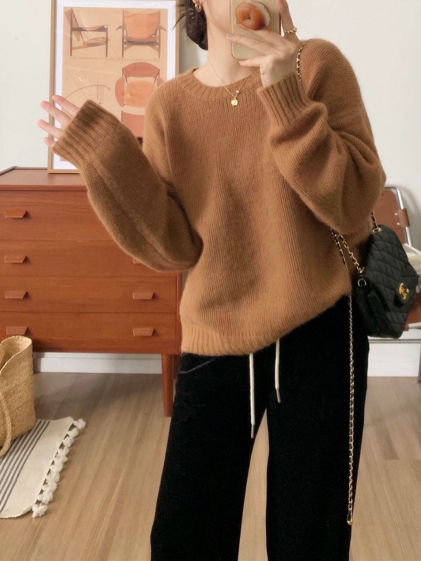 datenight fall outfits Retro Age-Reducing Lazy Style Pullover Wool Sweater Autumn and Winter Casual Simple Slimming Woolen Sweater Comfortable Top for Women