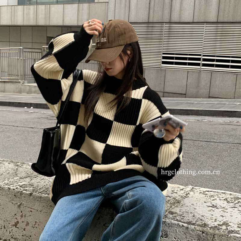 fall outfits aesthetic Chessboard Plaid Sweater for Women 2024 Autumn and Winter New Design Sense Niche Top Retro Japanese Style Lazy Style Sweater