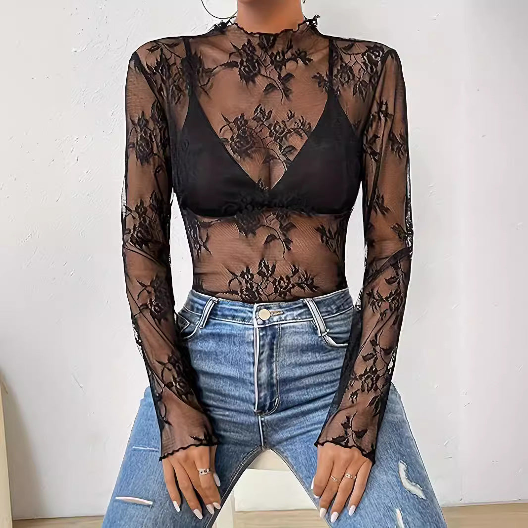 2000s fashion Women's Printed Tulle Mesh Mock Collar Lettuce Trim Long Sleeve Blouse Sexy Top