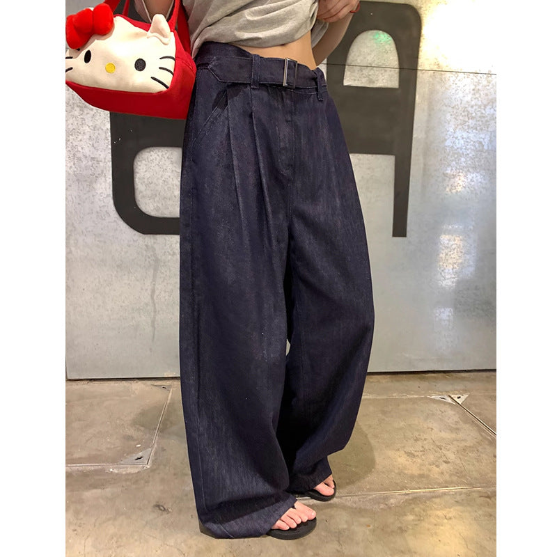 work outfits women Retro Low Waist Pleated Wide Belt Straight Jeans Women's Loose Wide Leg Mopping Pants 2024 Autumn