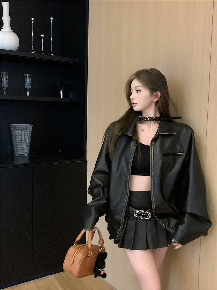 y2k outfits Retro Black Lapel Long-Sleeved PU Leather Coat for Women Autumn Cool Lady Suit Pleated Skirt Two-Piece Suit