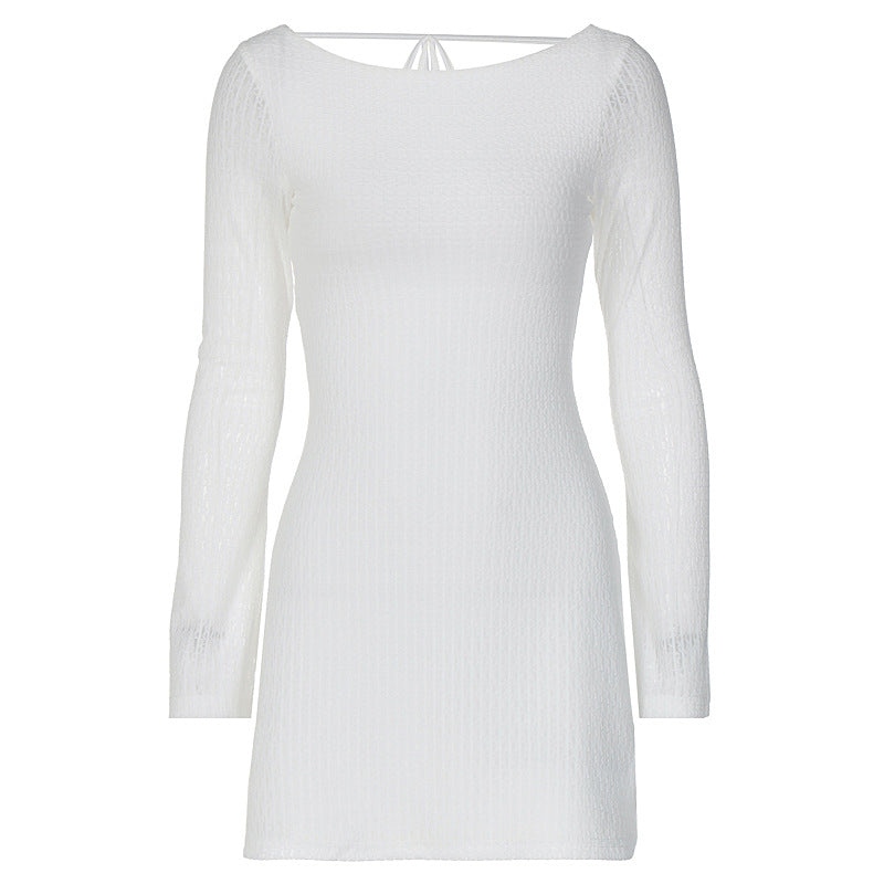 Fashion Street Shooting Simple Long Sleeve Dress Spring New Hot Girl Sexy Big Backless Waist Skirt