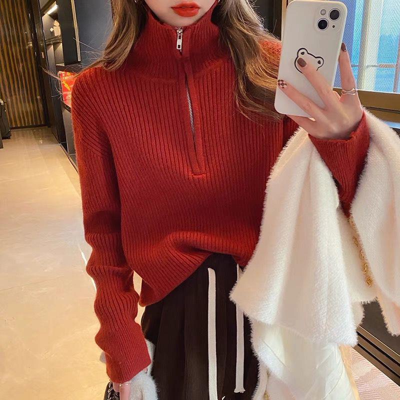 game outfit woman Red Sweater Women's Autumn and Winter Niche Knitted Bottoming Shirt Western Style Inner Top