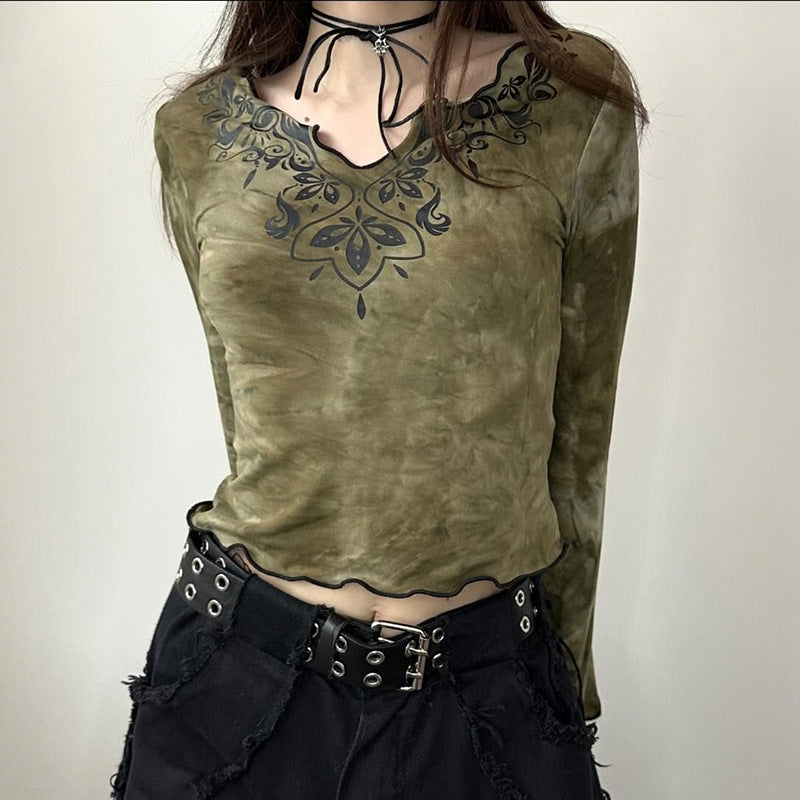 concert outfit Mori Vintage Tie-Dyed Tribal Print Curling Bell Sleeve Short Top Niche V-neck Slim-Fit Navel Slimming Long Sleeve