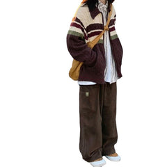 college outfits Soft Glutinous Vintage Twist Striped Zipper Sweater Cardigan Women's Autumn Loose Long Sleeve Lapel Sweater Coat
